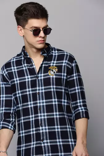 Showoff men's long sleeves tartan checks navy blue shirt