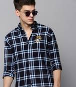 Showoff men's long sleeves tartan checks navy blue shirt