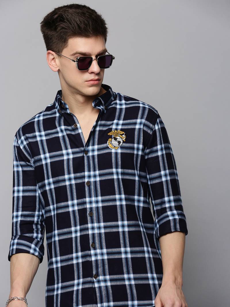Showoff men's long sleeves tartan checks navy blue shirt