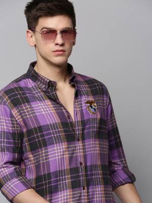 men's long sleeves tartan checks purple shirt 1