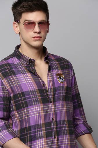men's long sleeves tartan checks purple shirt