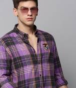 men's long sleeves tartan checks purple shirt