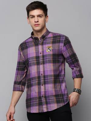 men's long sleeves tartan checks purple shirt 2