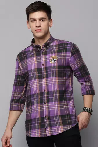 men's long sleeves tartan checks purple shirt