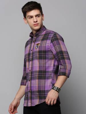 men's long sleeves tartan checks purple shirt 3