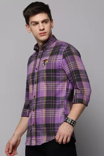 men's long sleeves tartan checks purple shirt