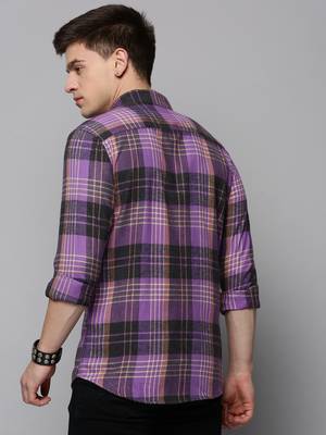 men's long sleeves tartan checks purple shirt 4