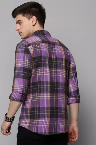 men's long sleeves tartan checks purple shirt