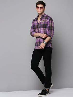 men's long sleeves tartan checks purple shirt 5