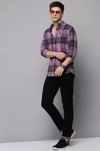 men's long sleeves tartan checks purple shirt