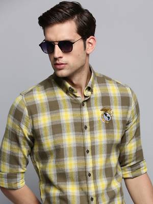 men's long sleeves tartan checks olive shirt 1