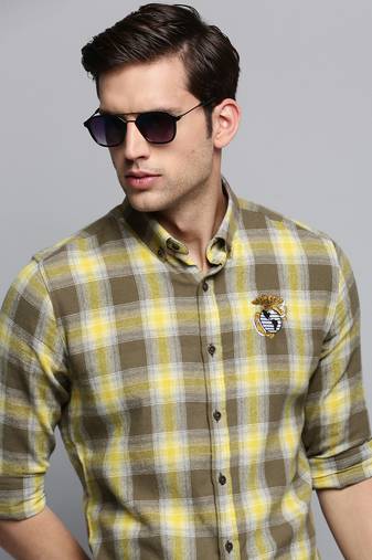 men's long sleeves tartan checks olive shirt