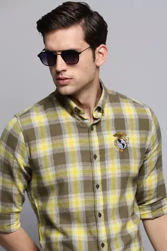 men's long sleeves tartan checks olive shirt
