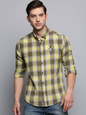 men's long sleeves tartan checks olive shirt 2