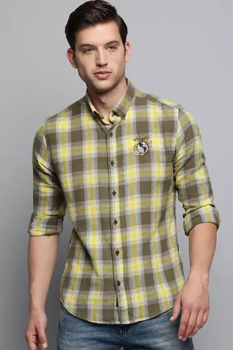 men's long sleeves tartan checks olive shirt