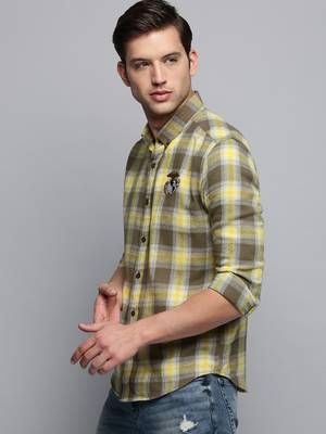men's long sleeves tartan checks olive shirt 3