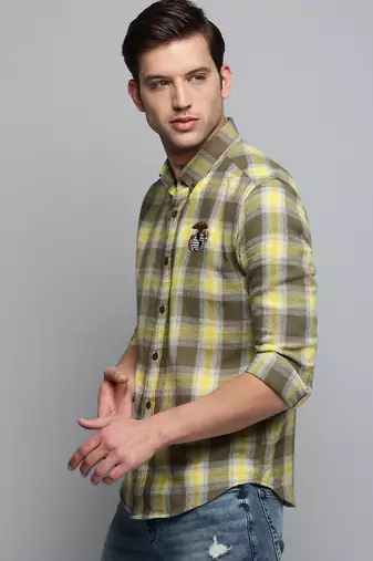 men's long sleeves tartan checks olive shirt