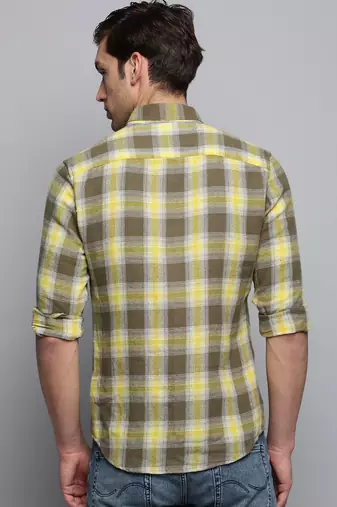 men's long sleeves tartan checks olive shirt