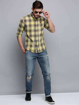 men's long sleeves tartan checks olive shirt 5