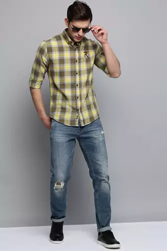 men's long sleeves tartan checks olive shirt