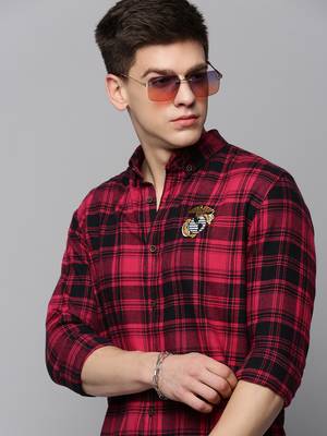 Showoff men's long sleeves tartan checks magenta shirt 1