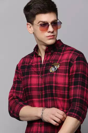 Showoff men's long sleeves tartan checks magenta shirt