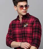 Showoff men's long sleeves tartan checks magenta shirt