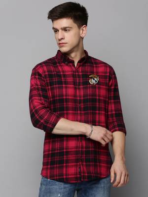 Showoff men's long sleeves tartan checks magenta shirt 2