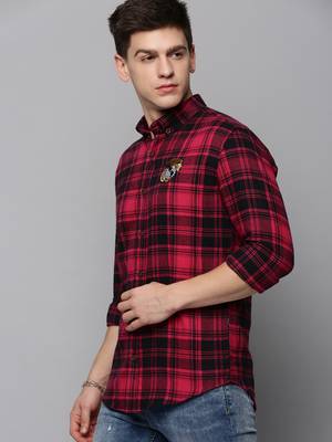 Showoff men's long sleeves tartan checks magenta shirt 3