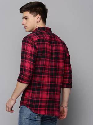 Showoff men's long sleeves tartan checks magenta shirt 4