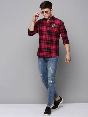 Showoff men's long sleeves tartan checks magenta shirt 5