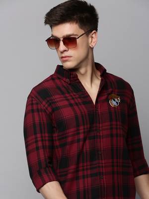 Showoff men's long sleeves tartan checks burgundy shirt 1
