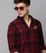 Showoff men's long sleeves tartan checks burgundy shirt