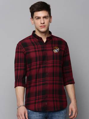 Showoff men's long sleeves tartan checks burgundy shirt 2