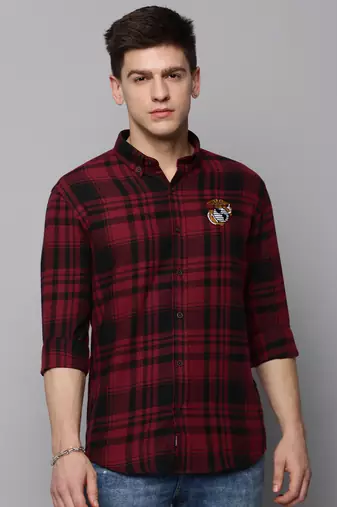Showoff men's long sleeves tartan checks burgundy shirt