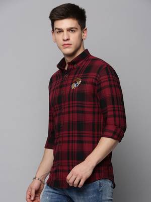 Showoff men's long sleeves tartan checks burgundy shirt 3