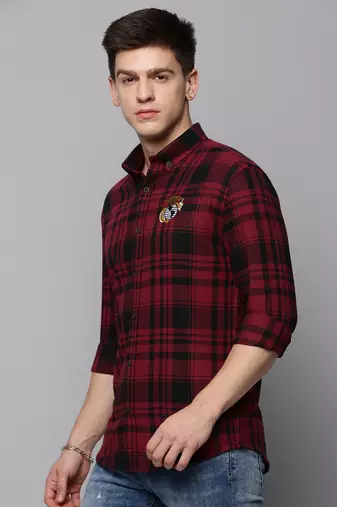 Showoff men's long sleeves tartan checks burgundy shirt