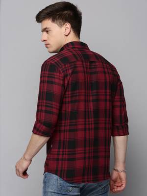 Showoff men's long sleeves tartan checks burgundy shirt 4