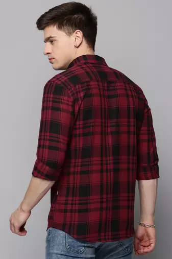 Showoff men's long sleeves tartan checks burgundy shirt