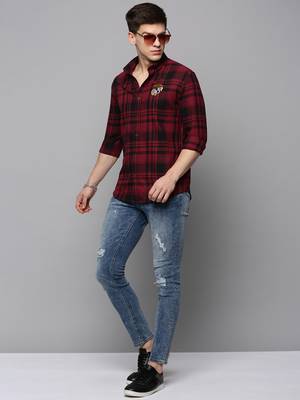 Showoff men's long sleeves tartan checks burgundy shirt 5