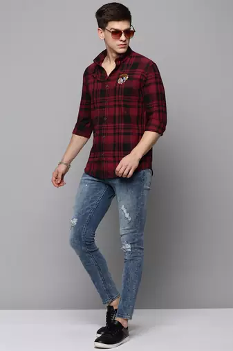 Showoff men's long sleeves tartan checks burgundy shirt