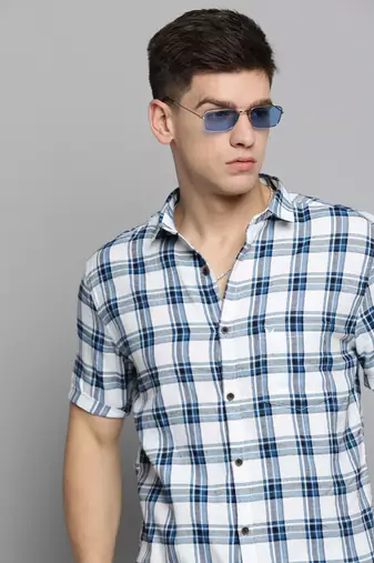 Showoff men's short sleeves tartan checks white shirt