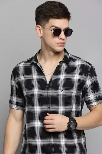 men's short sleeves tartan checks black shirt