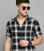 men's short sleeves tartan checks black shirt