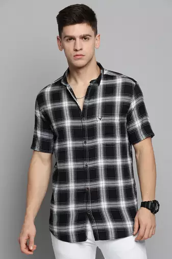 men's short sleeves tartan checks black shirt