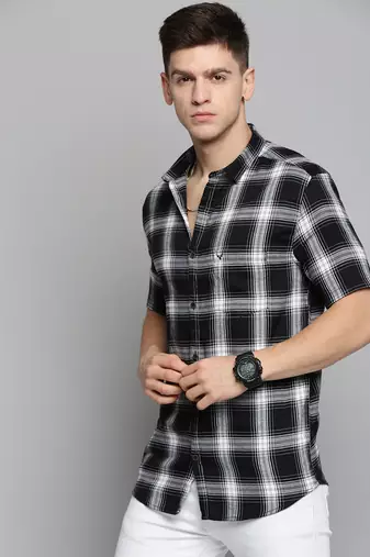 men's short sleeves tartan checks black shirt
