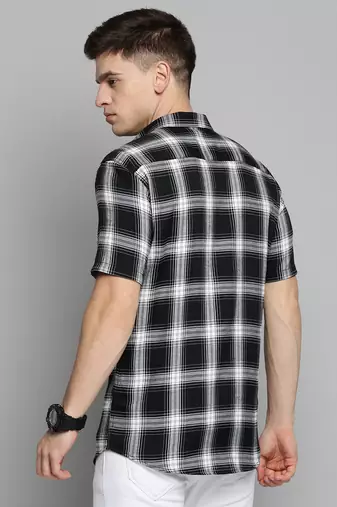 men's short sleeves tartan checks black shirt