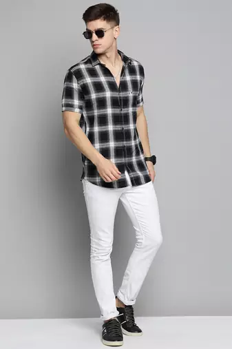 men's short sleeves tartan checks black shirt