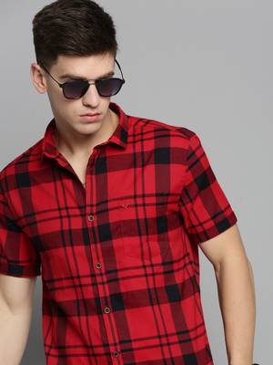 men's short sleeves tartan checks red shirt 1