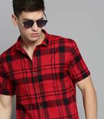 men's short sleeves tartan checks red shirt